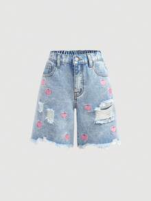 Girlism Quần short denim rách màu xanh nhạt dáng rộng cạp cao cho bé gái tuổi teen, thích hợp mặc mùa xuân hè, kiểu dáng thường ngày, thêu hình trái tim màu hồng, dài đến mắt cá chân, phong cách boho, đi biển, dự tiệc, lễ hội, quần short dễ thương cho bé gái tuổi teen, thích hợp cho kỳ nghỉ hè, mùa xuân, đi biển, du lịch, ngày lễ tình nhân. - Rửa nhẹ - Xem 3