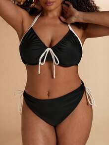 SHEIN BAE Plus Size Women's Summer Beach Color Block Halter Tie Sexy Bikini Swimwear Set Beach Outfits For Women - Black and White - View 6