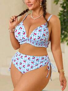 Swim Mod Traje de baño de talla grande para mujer, conjunto de 2 piezas con estampado aleatorio de cerezas, volantes y nudo delantero, ideal para vacaciones en la playa - Azul - Ver 3