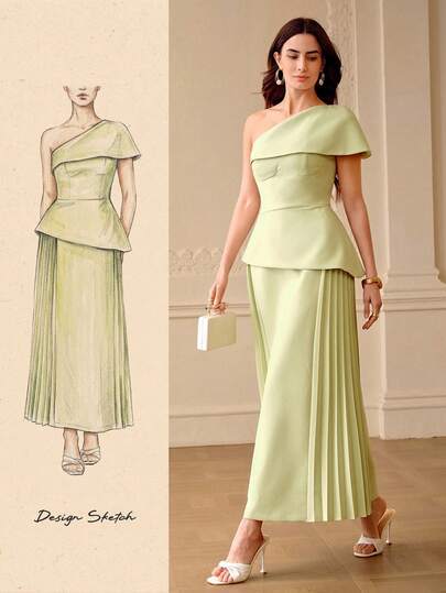 ZEYLAH فستان متوسط الطول مجمع الخصر والرقبة غير متماثل، ربيع/صيف