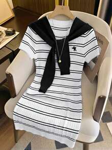 GlowEve Gaun Sweater Rajut Elegan Serbaguna dengan Perpaduan Warna Gaya Eropa dan Amerika Terbaru - Hitam dan Putih - View 5