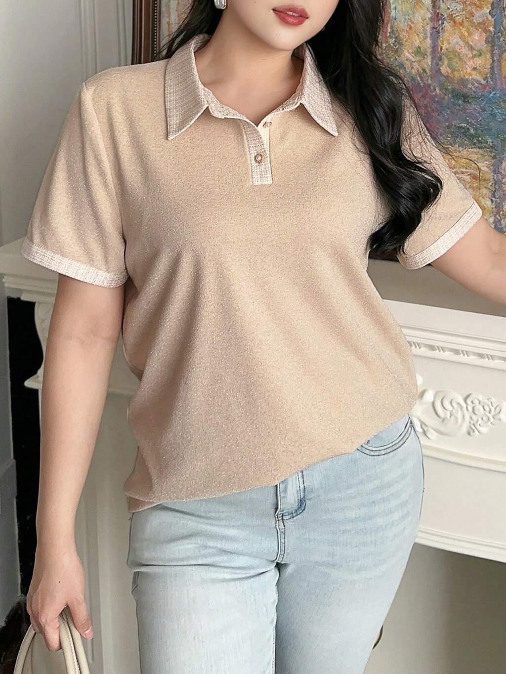 Dazy Plus Plus Size Women Polo Collar Short Sleeve Pearl Button Splice Elegant Date Short Sleeve T-Shirt