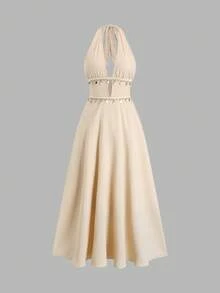 Sweetra Women's Apricot Elegant French Style V-Neck Chain Decor Long Dress, Spring/Summer - Apricot - View 3