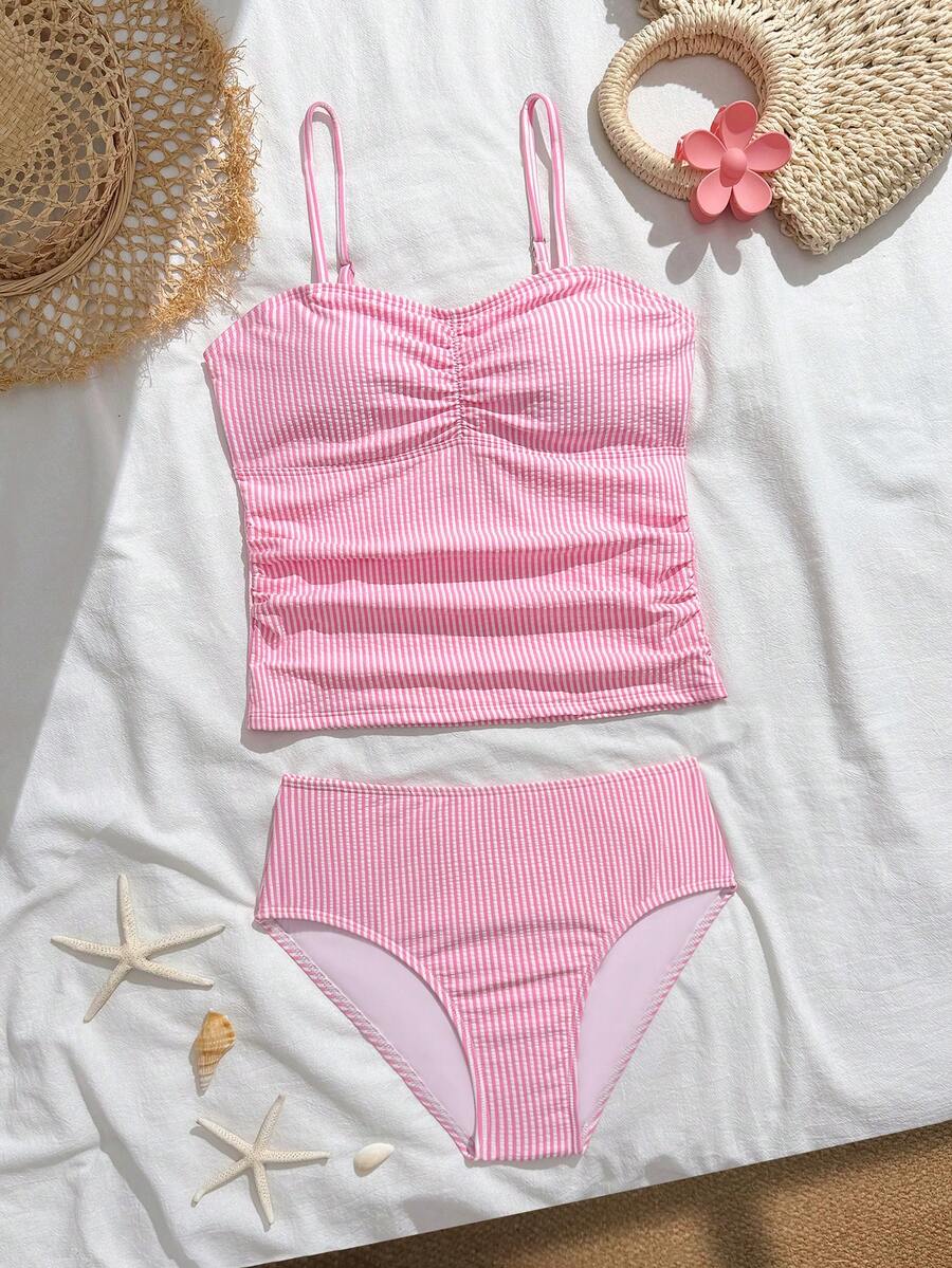 SHEIN Teen Girls Pink & White Plaid Tankini Set,Ruched Front Design With Spaghetti Straps,Vintage Sweet 2 Pieces Bikini Set,Summer Beach Holiday Swimwear - Pink - View 1