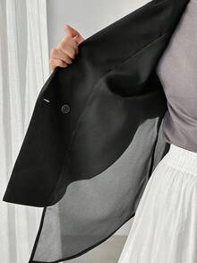 FRIFUL Blazer informal de mujer con parches de malla transparente de unicolor y espalda suelta, adecuado para primavera y verano - Negro - Ver 7