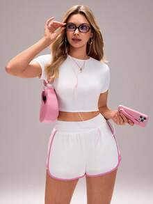 Sovereign Charm Contrast Color Trim Elastic Waist Fashionable Sports Shorts, Summer - White - View 6