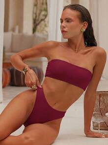 Swim Chiccia Women's Summer Beach Solid Color Bandeau Bikini Swimwear Set - Red - View 4