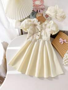 SHEIN 3pcs Baby Girl Sweet Cute Fashion Party 3D Floral Decor Bubble Short Sleeve Cropped Jacket And Sleeveless Waist Cinched Dress Set With Hat - Apricot - View 3