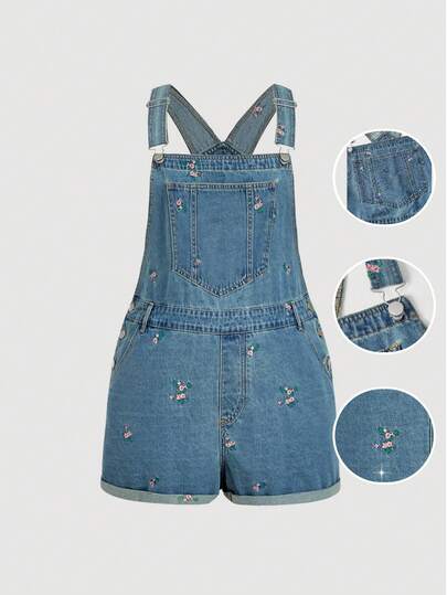 Sweetra Plus Size Women Vintage Rolled Hem Embroidered Denim Bib Overalls, Versatile Slimming Leg-Lengthening Shorts