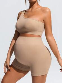 SHEIN Conjunto de sujetador deportivo de espalda nadadora y pantalones cortos de cintura alta de color liso simple para maternidad, ropa de trabajo Word Cup, gimnasio, marrón, verano, hospital - Caqui - Ver 10