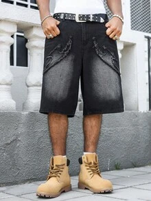 Manfinity EMRG 美式刺绣毛边牛仔短裤 - 黑色 - 查看 3