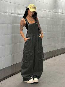 StreetHx Bộ jumpsuit denim dáng rộng, thoải mái, có túi nắp gập, dành cho nữ, phù hợp cho mùa xuân, hè và thu. - Xám - Xem 5
