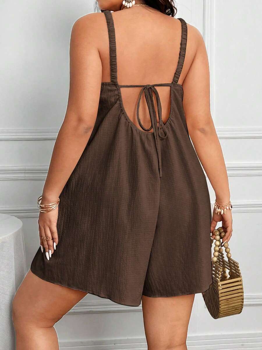EMERY ROSE Plus Size Women's Summer Solid Color Simple Daily Wear Romper With Straps Short Summer Dresswomen Romperblack Dress Shortromper Dressshort Jumpsuit - Coffee Brown - View 1
