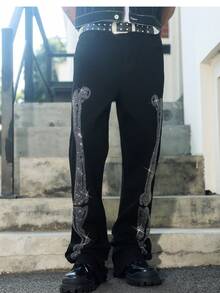 Manfinity LEGND 男士时尚美式街头风黑色水钻骷髅印花喇叭牛仔裤 - 黑色 - 查看 6