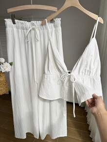 Comfortcana Bộ 2 áo hai dây buộc phía trước màu trơn cỡ lớn dành cho nữ và quần - trắng - Xem 5