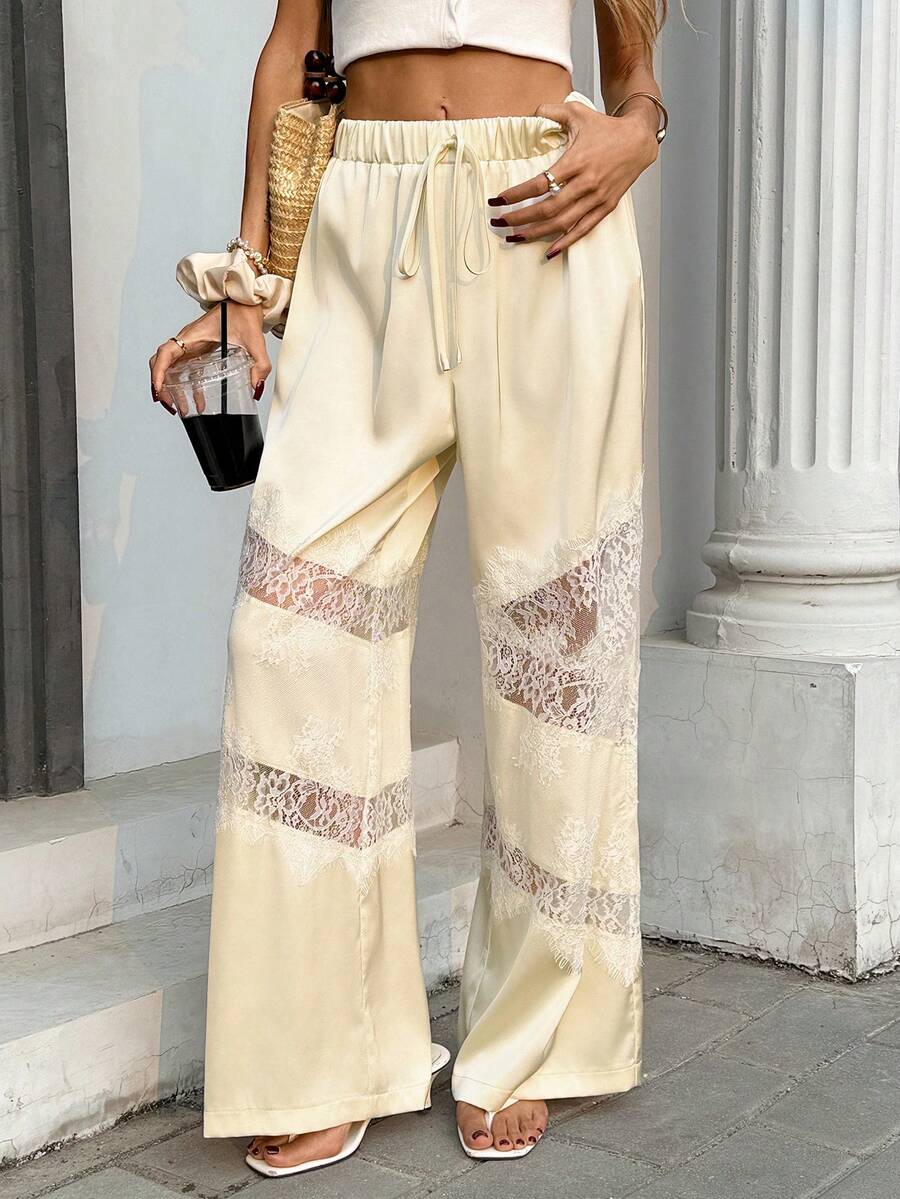 SHEIN PariChic White,Autumn,Classy,Elegant,Vacation,Holiday French Soft Style Lace Patchwork Straight-Leg Pants Women,Stretch Waist Drawstring Loose Wide Leg Palazzo - Apricot - View 1