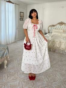 Flirla Modest Plus Size White Floral Print Ribbon Tie Bow Decor Dress,Summer Curve Party Vacation Picnic Cherry Peasant Milkmaid Strawberry Dress For Women - White - View 8
