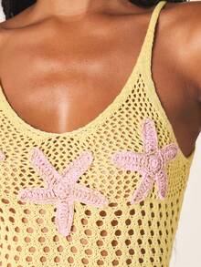 MISSGUIDED Crochet Starfish Detail Mini Dress Long Sleeve V Neck Bodycon Summer Beach Resort Vacation Knit Dress - Yellow - View 2