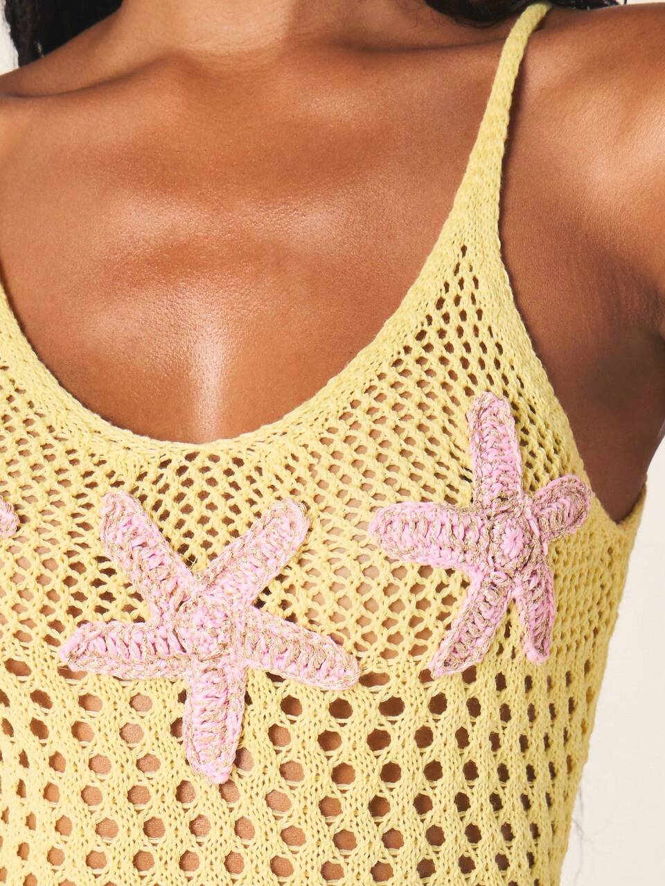 MISSGUIDED Crochet Starfish Detail Mini Dress Long Sleeve V Neck Bodycon Summer Beach Resort Vacation Knit Dress