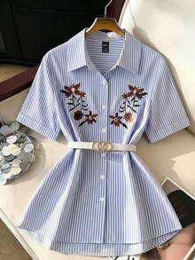 Franclia Blue And White Striped Embroidered Floral Shirt Without Belt. Suitable For Various Occasions Including Commuting, Vacations, And More. - Blue and White - View 6