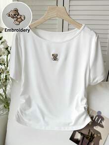 SHEIN EZwear 大码休闲舒适甜美白色针织小熊刺绣修身T恤，春夏款 - 白色 - 查看 7