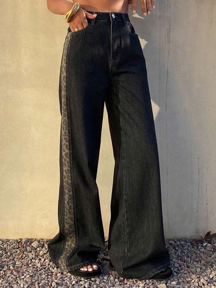 Women's Leopard Print Patchwork Loose Casual Denim Pants