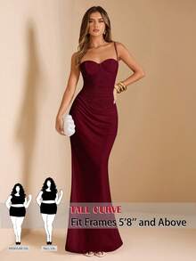 SHEIN Tall CURVE 大码女士纯色修身吊带派对连衣裙 - 酒紅色 - 查看 3