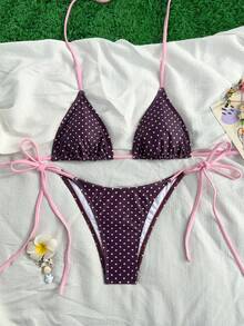 Swim Mod Bộ bikini nữ họa tiết chấm bi đen trắng cổ yếm, kiểu dáng xuân/hè 2026, quần bikini buộc dây bên hông dễ thương, bikini tam giác chấm bi, đồ bơi hai mảnh chấm bi, bộ bikini nữ, bikini tam giác chấm bi. - Nhiều màu - Xem 4