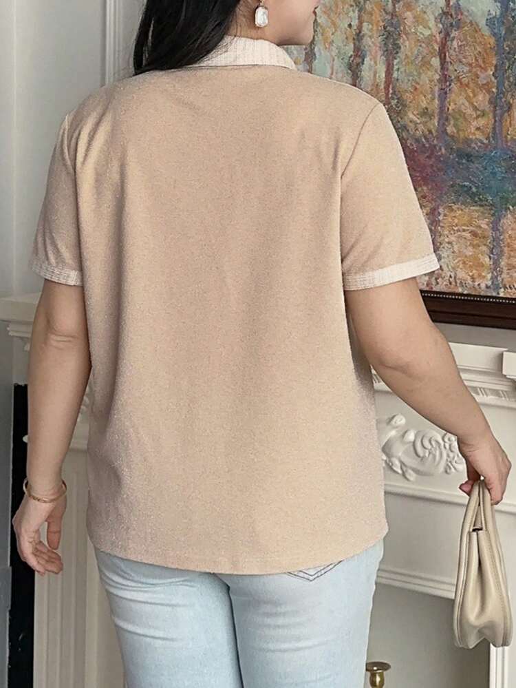 Dazy Plus Plus Size Women Polo Collar Short Sleeve Pearl Button Splice Elegant Date Short Sleeve T-Shirt