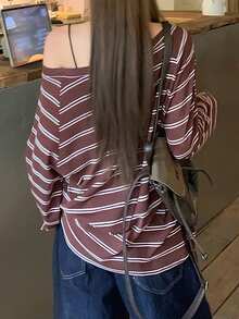 DAZY 女士条纹不对称肩长袖休闲宽松百搭T恤 - 彩色 - 查看 6