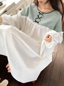 DAZY Plaid Patchwork Bow Lace Trim White Long Nightgown, Spring & Summer Women Sleepwear - White - View 4
