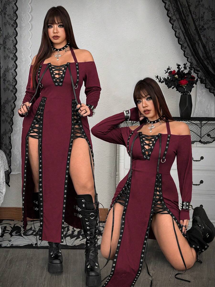 Whyspr Plus Size Women's Halter Neck Criss-Cross Tie Slit Dress - Burgundy - View 1