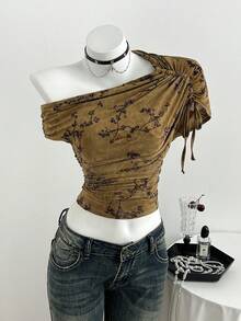 Flirla Casual Khaki Tie-Dye Flocked Plum Blossom Pattern One Shoulder Ruched Bodycon Bohemian Top For Women - Multicolor - View 4