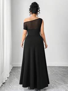 Elenzga Women's Plus Size Black Summer Elegant Formal Dinner Evening Dress,Mesh Patchwork Waist,Fitted Asymmetric Hem High Slit For Club Parties&Gatherings - Black - View 2