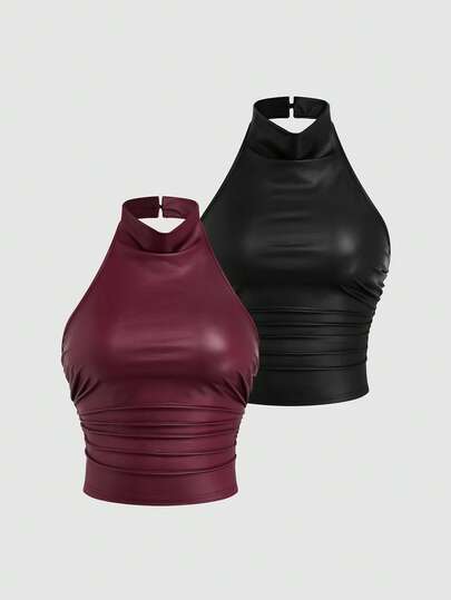 Sweetra Plus Size Women Sleeveless Spaghetti Strap Black & Burgundy Short Fitted Camisole Tank Top, Minimalist Summer Short 2-Piece Set