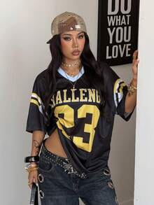 Coolane 女士夏季节日复古街头运动服号码印花超大棒球衫T恤 - 黑色 - 查看 3