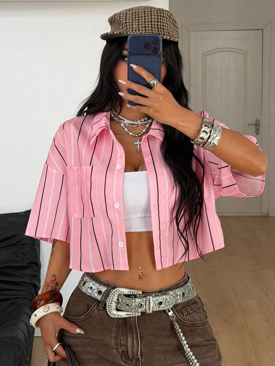 Coolane Áo croptop kẻ caro dáng rộng phong cách vintage preppy mùa hè cho nữ, áo sơ mi hồng, áo kiểu thường ngày cho nữ, áo blouse hồng, áo kiểu thường ngày cho nữ. - Hồng - Xem 1