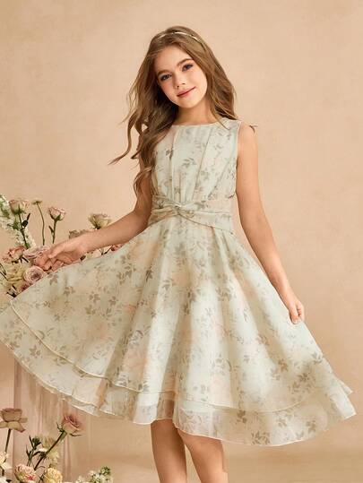 Girls' Elegant Floral Print Chiffon Fitted Dress, Suitable For Evening Party, Christmas, Halloween, Thanksgiving, Wedding, Prom, Graduation, Back To School And Other Occasions