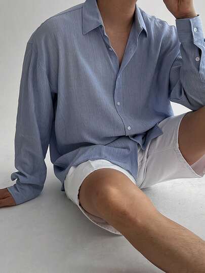 DAZY Men's Solid Blue Long Sleeve Shirt, Spring/Summer