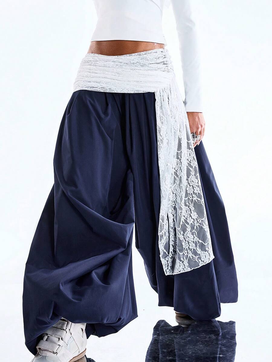 LYSMO 女士时尚街头休闲通勤撞色蕾丝宽松灯笼裤 - 藏蓝色 - 查看 1