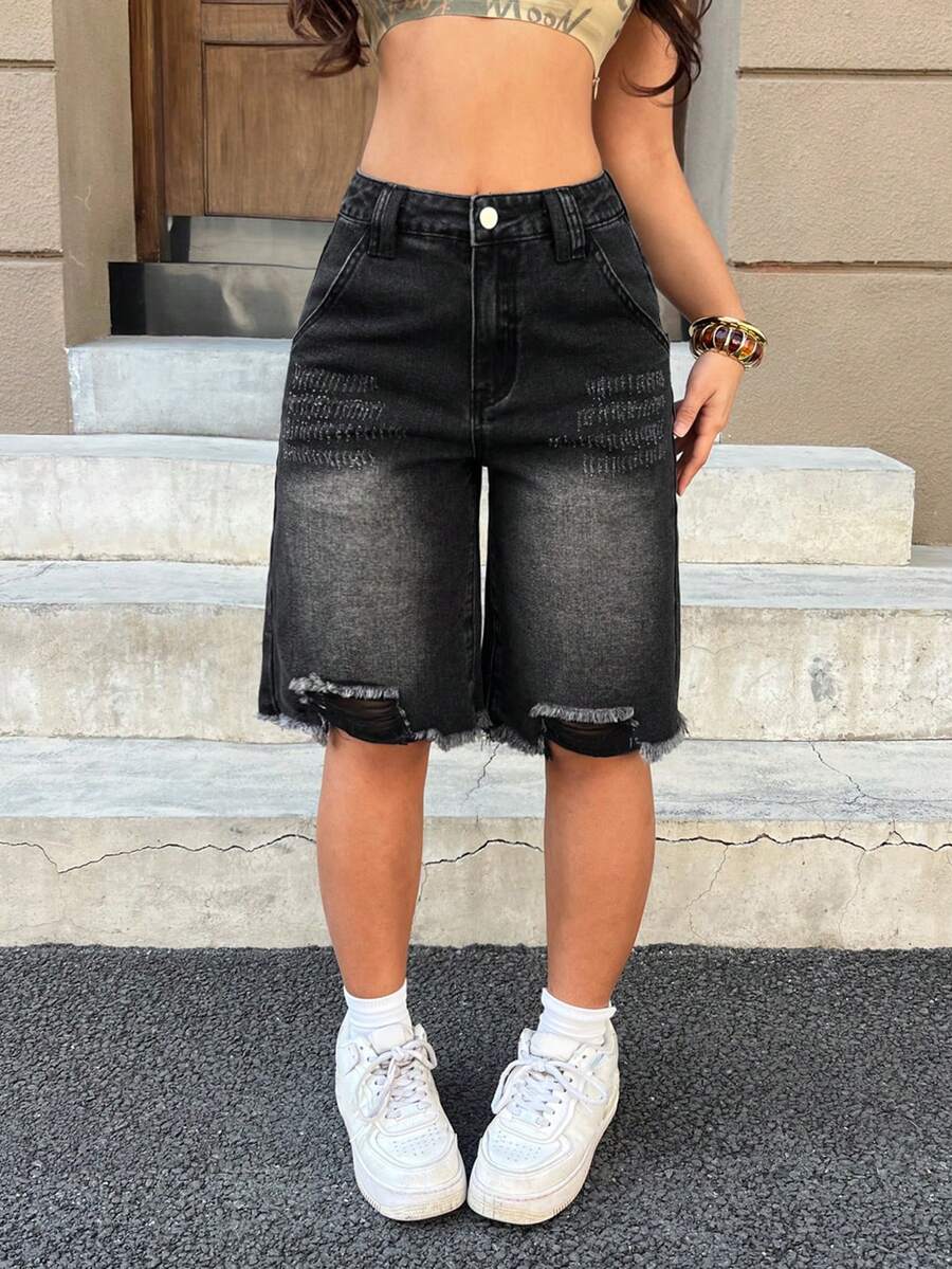 SHEIN PETITE Women's High Waist Pocketed Distressed Loose Casual Denim Shorts - Black - View 1