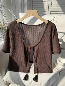 Comfortcana 大码棕色短袖休闲短款开衫 - 棕色 - 查看 7