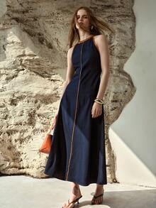 MOTF PREMIUM Đầm denim nữ dáng ôm, thiết kế phối màu tương phản, cổ yếm, thắt eo, thích hợp cho mùa xuân/hè. - Màu xanh lam - Xem 4