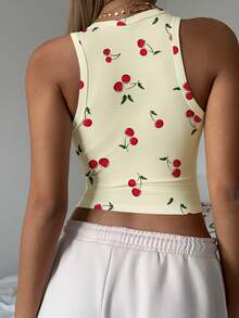 SHEIN EZwear 休闲简约圆领紧身女式背心，樱桃印花图案，适合夏季穿着 - 彩色 - 查看 2