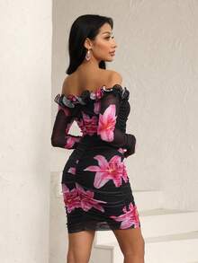 Modelyn Black Mesh Floral Print Ruffle Off Shoulder Pleated Waist Slim Elegant Sexy Summer Vacation French Style Dress For Women Women Sexy Dress Orchid Dress Sexy Curve Dress - Black - View 6