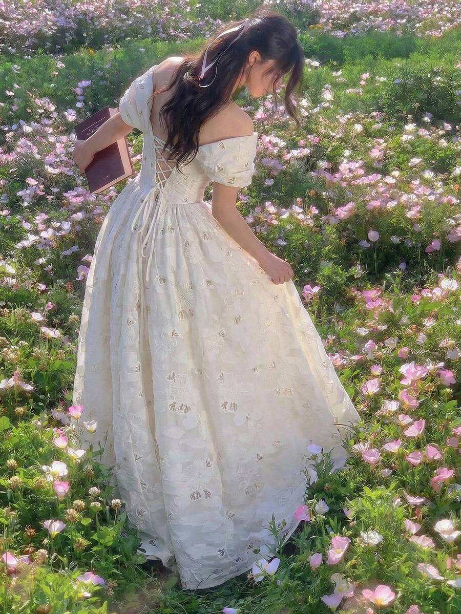 SHEIN MOD 女士杏色露肩优雅串珠刺绣连衣裙 - 杏色 - 查看 1
