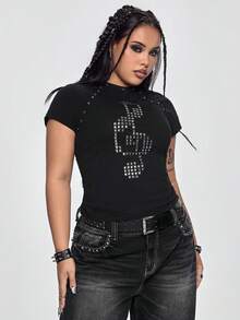 ROMWE Grunge Punk Spring/Summer Plus Size Black T-Shirt With Punk Music Note Rhinestone Grommets Valentine's Day - Black - View 1
