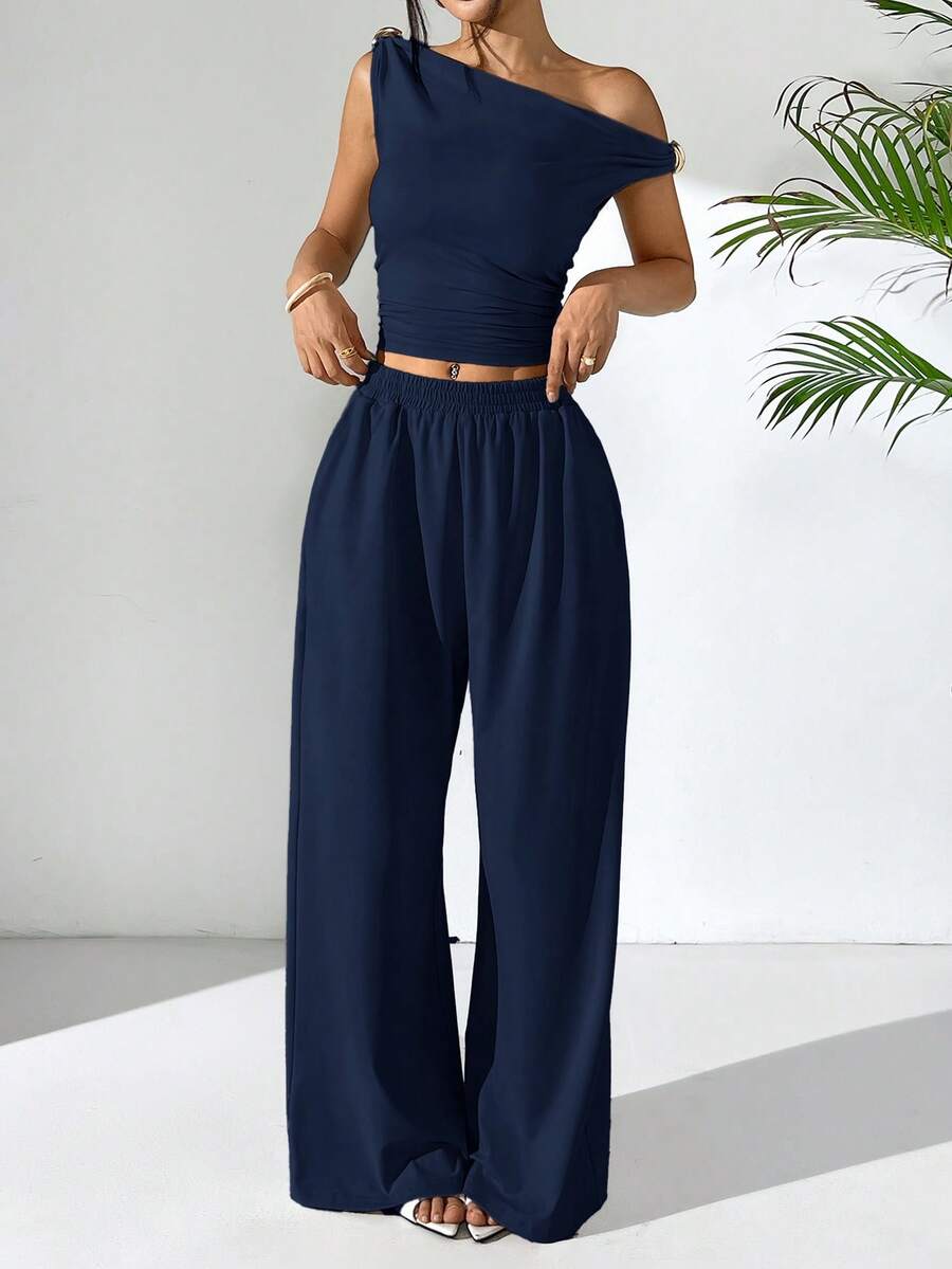 SHEIN EZwear 女士针织不对称肩部上衣和裤子休闲套装，夏季 - 藏蓝色 - 查看 1