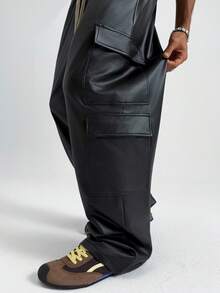 PAVTROS Men's Black PU Leather Pants,Loose Straight Leg & Baggy Wide Trousers,Autumn Streetwear Work Style,Oversized Vintage Y2k Pants For Party, - Black - View 3