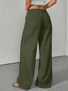 Women's Casual Versatile Washed Cotton Low Waist Straight Leg Pants - Army Green - View 2